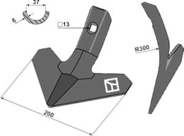 Technische Zeichnung: Industriehof® Gänsefußschar 200 x 6 mm für Grubber Kuhn