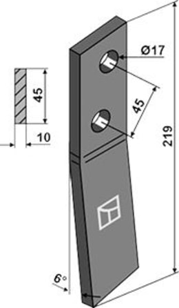 Technische Zeichnung: Industriehof® Schraubenzinken, 219 x 45 x 10 mm, für Streuwalze Bergmann Stalldungstreuer, 69-10-006R