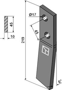 Technische Zeichnung: Industriehof® Schraubenzinken, 219 x 45 x 10 mm, für Streuwalze Bergmann Stalldungstreuer, 69-10-006L