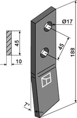 Technische Zeichnung: Industriehof® Schraubenzinken, 188 x 45 x 10 mm, für Streuwalze Bergmann Stalldungstreuer, 69-10-007R