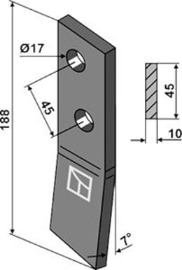 Technische Zeichnung: Industriehof® Schraubenzinken, 188 x 45 x 10 mm, für Streuwalze Bergmann Stalldungstreuer, 69-10-007L