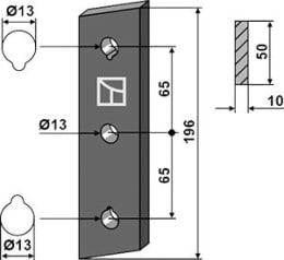 Technische Zeichnung: Industriehof® Streuzinken, 196 x 50 x 10 mm, Bohrung 13 mm, für Streuwerk Stalldungstreuer Strautmann