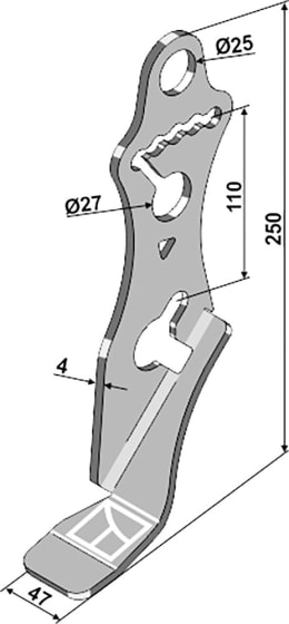 Technische Zeichnung: Industriehof® Tiefenführung rechts, 250 x 47 x 4 mm, für Säscheiben Drillmaschine Gaspardo, 99.GA-13