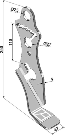 Technische Zeichnung: Industriehof® Tiefenführung links, 250 x 47 x 4 mm, für Säscheiben Drillmaschine Gaspardo, 99.GA-14