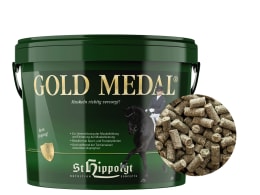 Produktbild: St. Hippolyt Gold Medal Zusatzfutter für Pferde im grünen Eimer mit Pellets