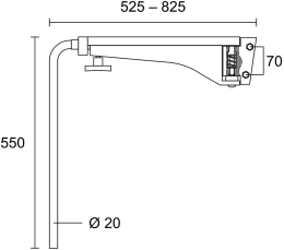 Technische Zeichnung: Teleskop-Spiegelarm TSK 650 links/rechts 525 – 825 mm, für Traktor John Deere 5000, 6000