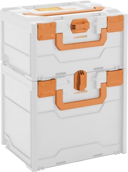 Produktbild: Cemo Brandschutzboxen Li-SAFE für Lithium-Ionen-Akkus, weiß mit orangen Verschlüssen und Griffen