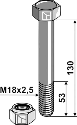 Technische Zeichnung: Industriehof® Sechskantschraube M 18 x 2,5 x 130 - 10.9 mit Sicherungsmutter für Dragone