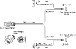 Technische Zeichnung: Anschlusskabel mit 13-poligem Stecker und zwei 5-poligen Bajonettverbindern, 12 V