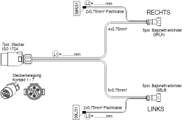Technische Zeichnung: Anschlusskabel mit 7-pol. ISO-Stecker und 2 x 5-pol. Bajonettverbinder, Flachkabel