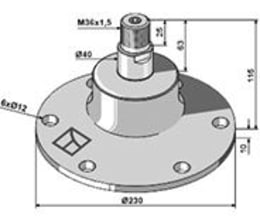 Technische Zeichnung: Industriehof® Lagereinheit 230 mm, LK 195 mm, für Lemken Eggenscheibe Kurzscheibenegge Rubin 12
