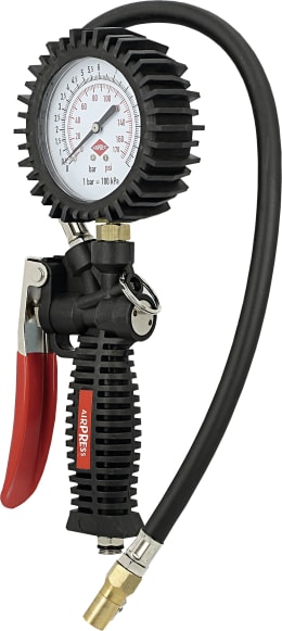 Produktbild: Airpress Reifenfüllprüfer, 0 bis 12 bar, 1/4 AG, vertikales Manometer, doppelte Skala (bar/psi), Gummischutz