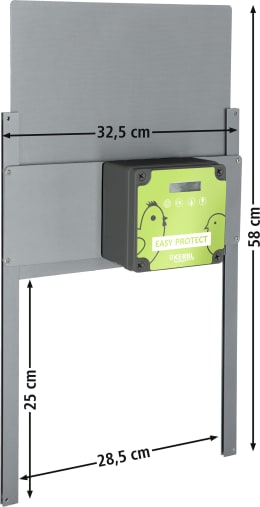 Technische Zeichnung: KERBL Hühnerklappe Easy Protect 28,5 x 25 cm Set mit Steuerung und Schienen für Geflügelställe, grau