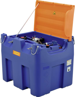 Produktbild: Mobile Cemo AdBlue-Tankanlage in Blau mit orangem Deckel und integrierter Pumpe