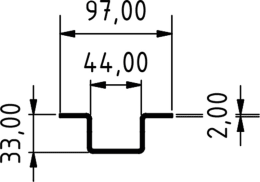 Technische Zeichnung: Führungsleiste 2.350 x 98/46 x 34 mm x 2 mm für Mengele: LW, LAW, DT