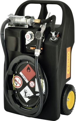 Produktbild: Cemo Kraftstofftrolley Ex0 mit Handpumpe, schwarzer Kanister mit Rädern und Schlauch