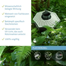 Detailbild: Biogents Mückenfalle BG-Mosquitaire in weißem Gehäuse mit schwarzem Ventilator im Garten platziert