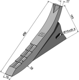 Technische Zeichnung: Industriehof® Scharspitze 450 x 70 x 38 mm, für Grubber Maschio