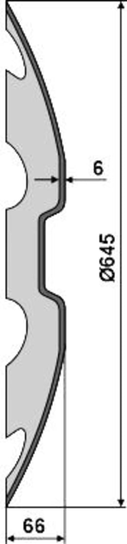 Technische Zeichnung: NIAUX 200 Eggenscheibe 645 x 6 mm, LK 155 mm, gewölbt, gezahnt, für Lemken