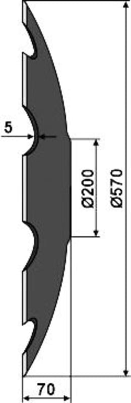 Technische Zeichnung: NIAUX 200 Eggenscheibe 570 x 5 mm, LK 110 mm, gewölbt, gezahnt, flacher Ansatz, für universal