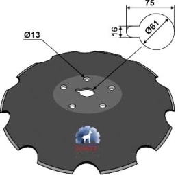 Technische Zeichnung: NIAUX 200 Eggenscheibe 515 x 5 mm, LK 114 mm, ZB rund 61 mm, 75 x 16 mm, gewölbt, gezahnt, für Tulip