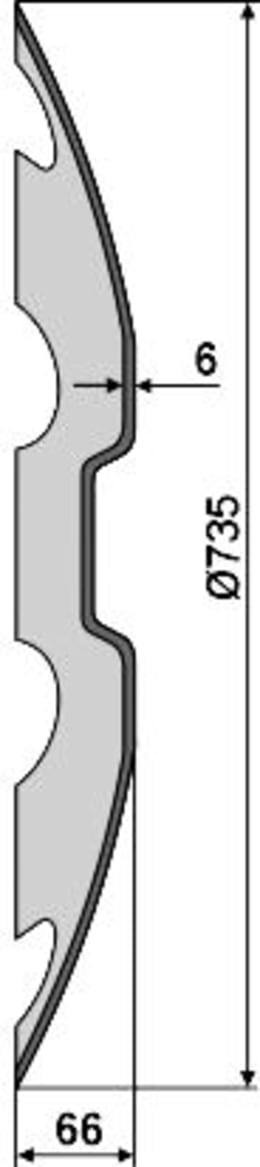 Technische Zeichnung: NIAUX 200 Eggenscheibe 735 x 6 mm, LK 195 mm, gewölbt, gezahnt, für Lemken