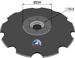Technische Zeichnung: NIAUX 200 Eggenscheibe 735 x 6 mm, LK 195 mm, gewölbt, gezahnt, für Lemken