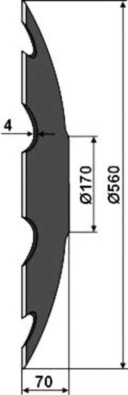 Technische Zeichnung: NIAUX 200 Eggenscheibe 560 x 4 mm, LK 1 80 mm/LK 2 110 mm, gewölbt, gezahnt, mit flachem Ansatz