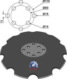 Technische Zeichnung: NIAUX 200 Eggenscheibe 560 x 4 mm, LK 1 80 mm/LK 2 110 mm, gewölbt, gezahnt, mit flachem Ansatz