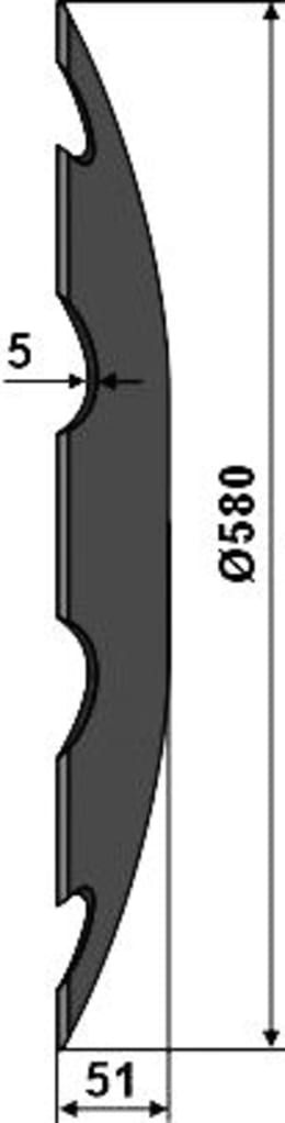 Technische Zeichnung: NIAUX 200 Eggenscheibe 580 x 5 mm, LK 110 mm, gewölbt, gezahnt, flacher Ansatz, für Pöttinger