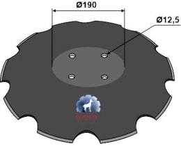 Technische Zeichnung: NIAUX 200 Eggenscheibe 580 x 5 mm, LK 110 mm, gewölbt, gezahnt, flacher Ansatz, für Pöttinger
