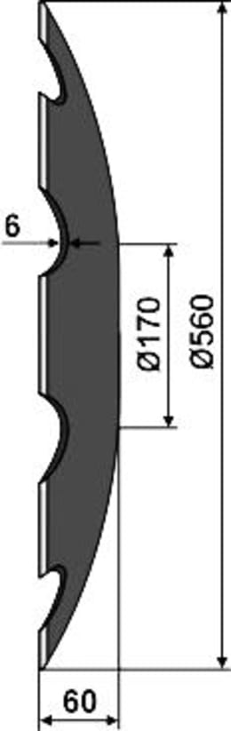 Technische Zeichnung: NIAUX 200 Eggenscheibe 560 x 6 mm, LK 98 mm, gewölbt, gezahnt, flacher Ansatz, für Farmet Triton