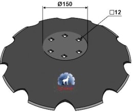 Technische Zeichnung: NIAUX 200 Eggenscheibe 510 x 5 mm, LK 100 mm, gewölbt, gezahnt, flacher Ansatz, für Kuhn