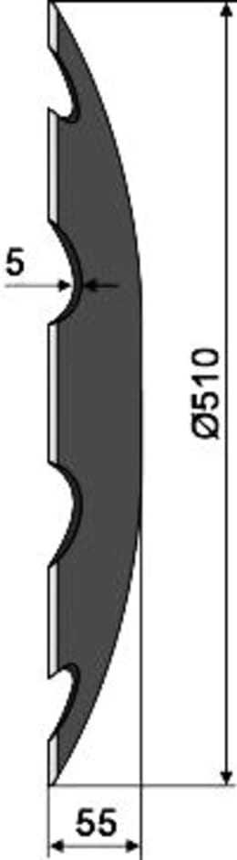 Technische Zeichnung: NIAUX 200 Eggenscheibe 510 x 5 mm, LK 120 mm, gewölbt, gezahnt, flacher Ansatz, für Amazone