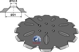 Technische Zeichnung: NIAUX 200 Sechscheibe 507 x 5 mm, LK 100 mm, gewölbt, gezahnt, für Lemken