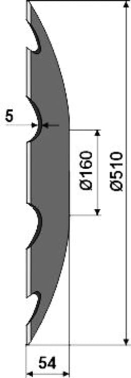 Technische Zeichnung: NIAUX 200 Eggenscheibe 510 x 5 mm, LK 98 mm, gewölbt, gezahnt, flacher Ansatz, für Bednar, Farmet