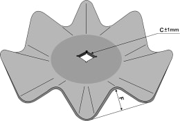 Technische Zeichnung: Eggenscheibe gewölbt und gewellt mit Vierkant-Aufnahme 31 x 31 mm
