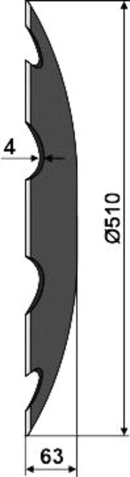 Technische Zeichnung: NIAUX 200 Eggenscheibe 510 x 4 mm, ZB Vierkant, 28 x 28 mm, gewölbt, gezahnt, für Doublet-Record