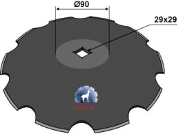 Technische Zeichnung: NIAUX 200 Eggenscheibe 510 x 4 mm, ZB Vierkant, 28 x 28 mm, gewölbt, gezahnt, für Doublet-Record