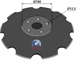 Technische Zeichnung: NIAUX 200 Eggenscheibe 610 x 6 mm, LK 140 mm, gewölbt, gezahnt, für Väderstad