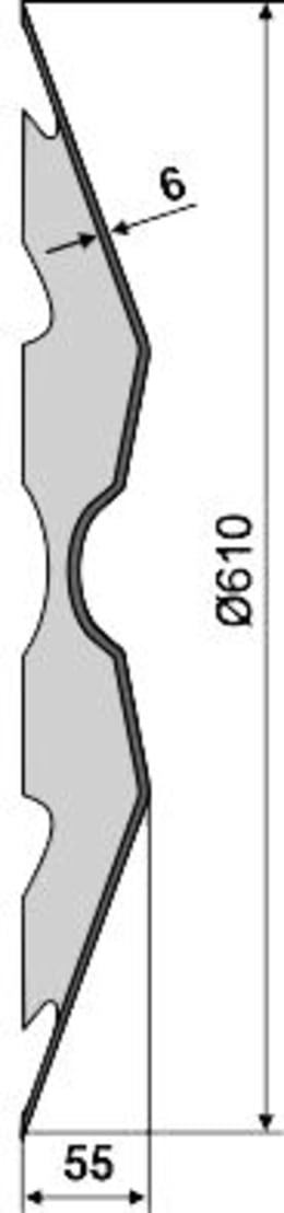 Technische Zeichnung: NIAUX 200 Eggenscheibe 610 x 6 mm, LK 140 mm, gewölbt, gezahnt, für Väderstad