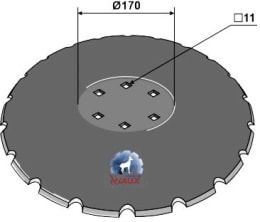 Technische Zeichnung: NIAUX 200 Eggenscheibe 510 x 6 mm, LK 100 mm, gewölbt, gezahnt, flacher Ansatz, für Kuhn