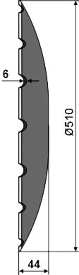 Technische Zeichnung: NIAUX 200 Eggenscheibe 510 x 6 mm, LK 100 mm, gewölbt, gezahnt, flacher Ansatz, für Kuhn