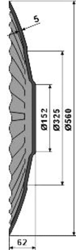 Technische Zeichnung: NIAUX 200 Eggenscheibe 560 x 5 mm, LK 80/110 mm, gewölbt, gewellt, gezahnt, für Agrisem