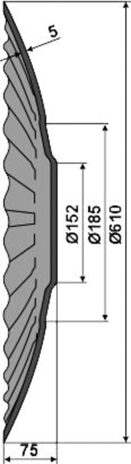 Technische Zeichnung: NIAUX 200 Eggenscheibe 610 x 5 mm, LK 80/110 mm, gewölbt, gewellt, gezahnt, für Agrisem