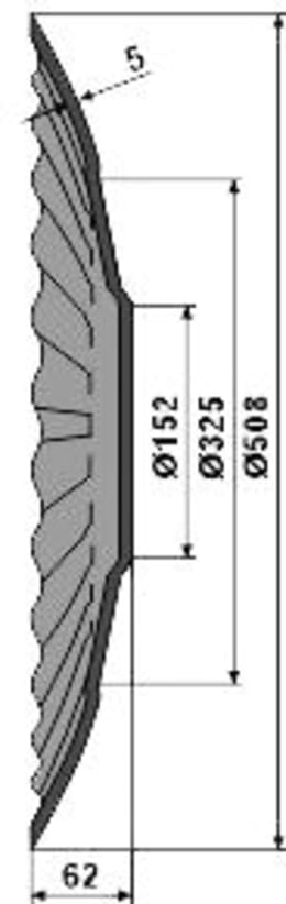 Technische Zeichnung: NIAUX 200 Eggenscheibe 508 x 5 mm, LK 80/110 mm, gewölbt, gewellt, gezahnt, für Agrisem