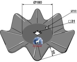 Technische Zeichnung: NIAUX 200 Eggenscheibe 345 x 4 mm, ZB Vierkant, 31 x 31 mm, gewölbt, gewellt, für Kongskilde