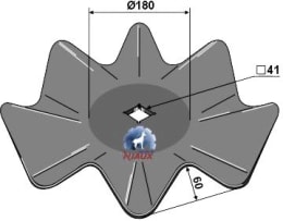 Technische Zeichnung: NIAUX 200 Eggenscheibe 510 x 5 mm, ZB Vierkant, 41 x 41 mm, gewölbt, gewellt, für Quivogne