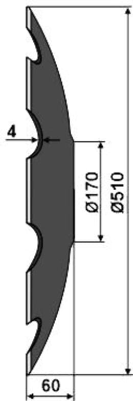 Technische Zeichnung: NIAUX 200 Eggenscheibe 510 x 4 mm, LK 80/110 mm, gewölbt, gezahnt, flacher Ansatz, für Agrisem