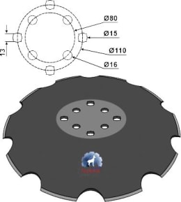 Technische Zeichnung: NIAUX 200 Eggenscheibe 610 x 5 mm, LK 80/110 mm, gewölbt, gezahnt, flacher Ansatz, für Agrisem